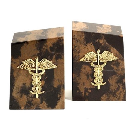 BEY BERK INTERNATIONAL Bey-Berk International R11M Tiger Eye Marble Bookends with Gold Plated Medical Emblem - Brown R11M